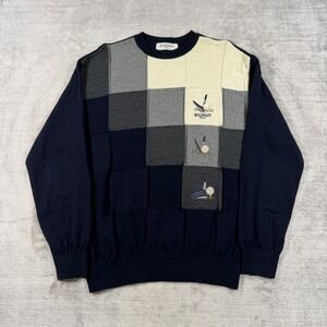 Vintage Balmain Paris Sweater Mens Large Blue Wool Golf Patchwork Embroidered